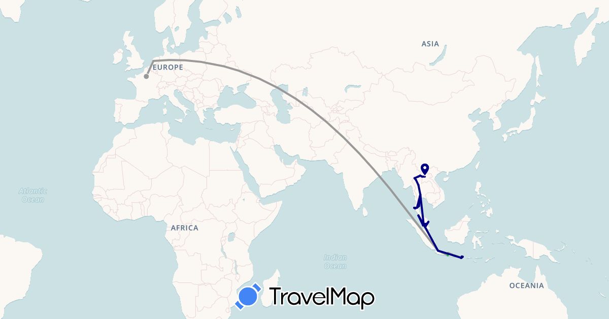 TravelMap itinerary: driving, bus, plane, motorbike in France, Indonesia, Laos, Malaysia, Thailand (Asia, Europe)